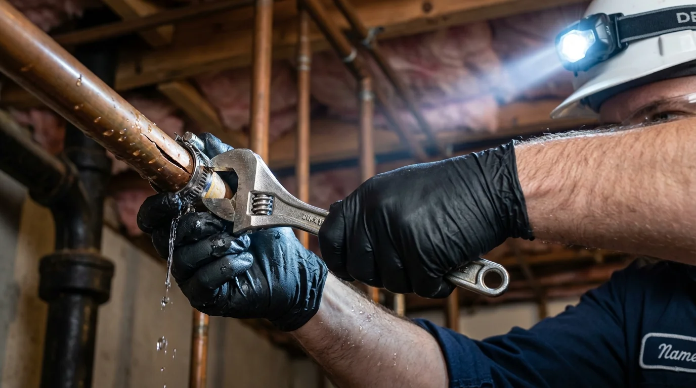 Emergency pipe clamp repair being performed by a Johns Plumbing LLC plumber in Moroni