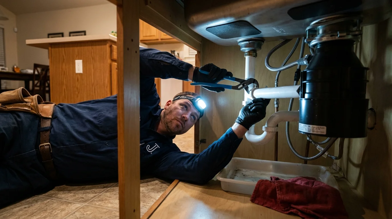 P-trap and supply line connections under a kitchen sink showing a common leak point in Moroni, UT